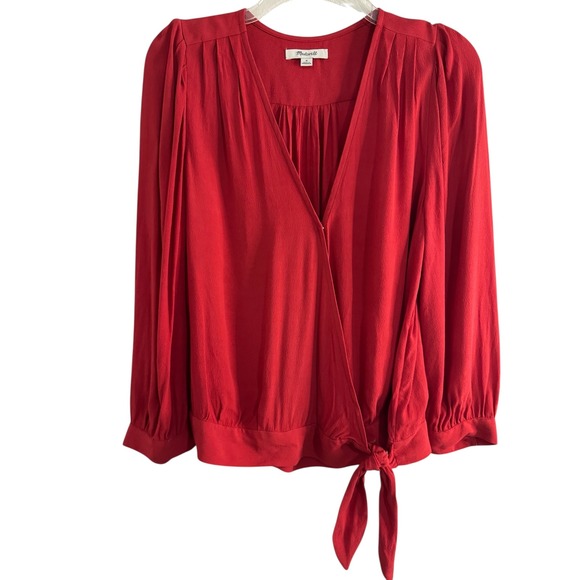 Madewell Tops - Madewell Red Viscose Wrap Tie Front Long‎ Sleeve V Neck Blouse Top Womens Medium